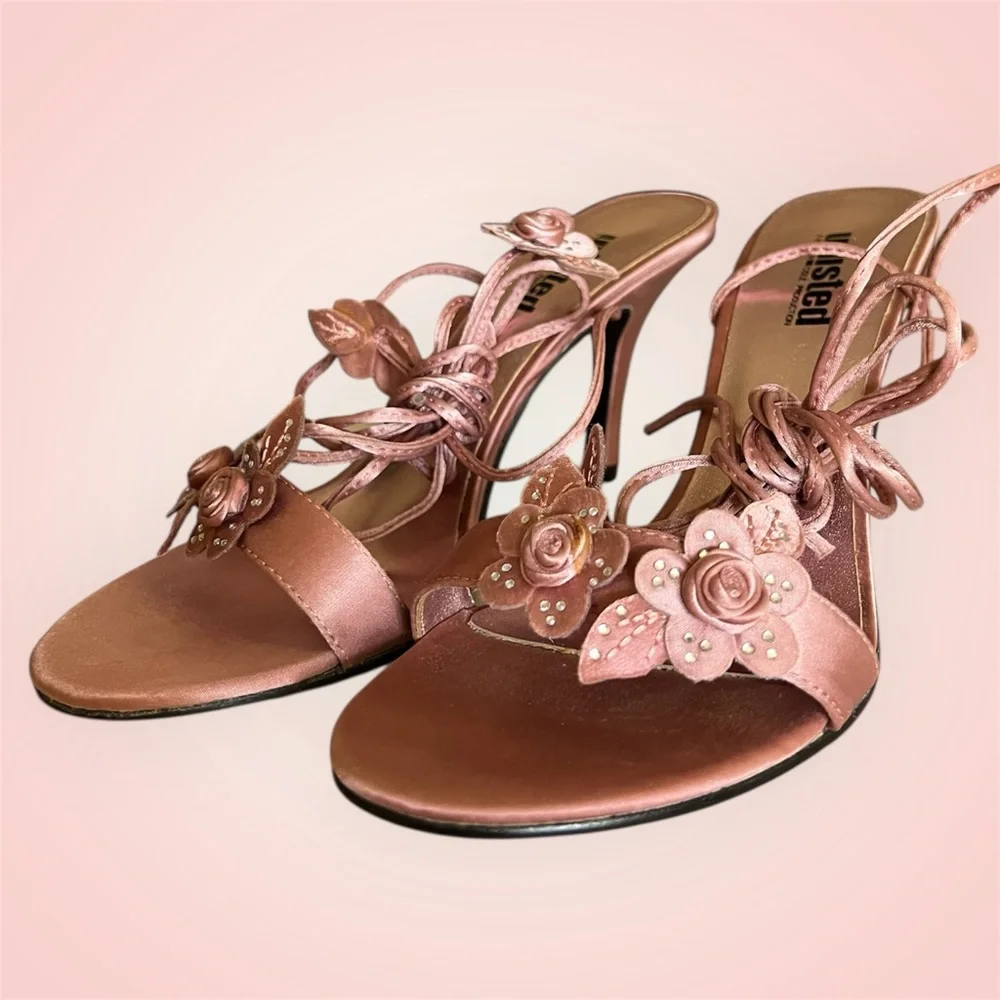Unlisted Pink Rose Appliqué Strappy Heels - Picture 3 of 11